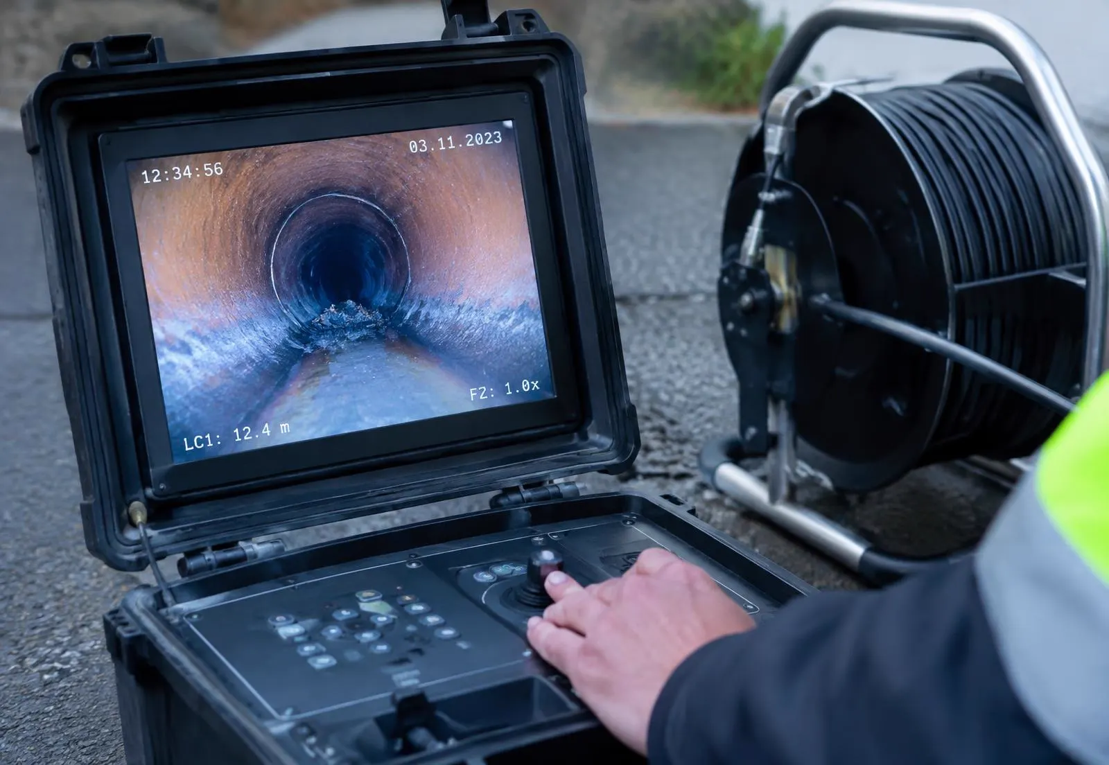 CCTV drain inspection monitor showing the inside of a pipe