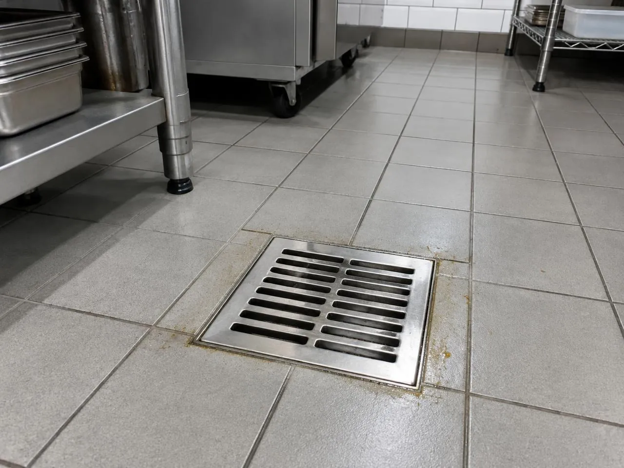 Floor drain grate with grease residue in a commercial kitchen
