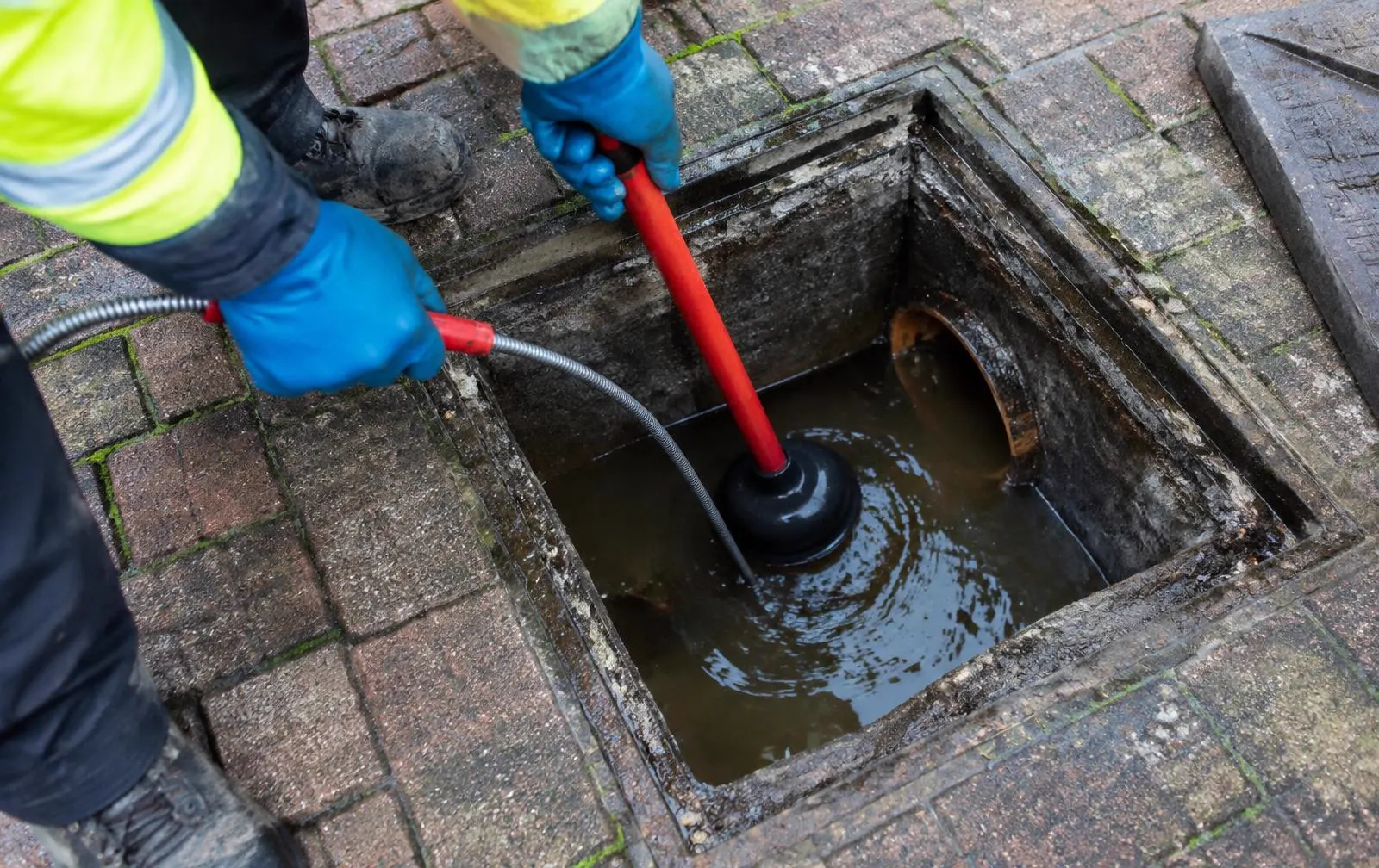 Gloved hands clearing a blocked outdoor drainage chamber
