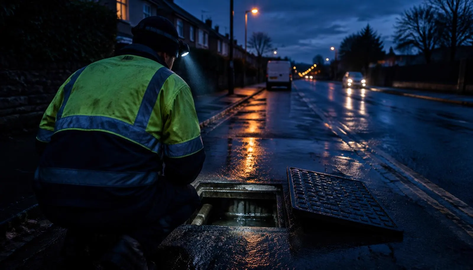 Engineer with a headtorch at an open drain on a wet street at dusk