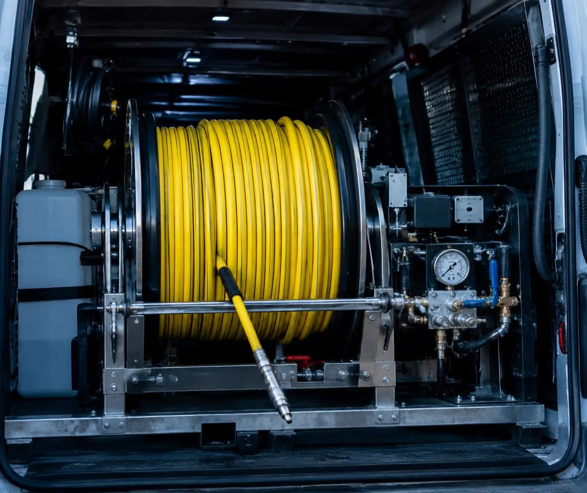 High-pressure jetting hose reel mounted in a work van