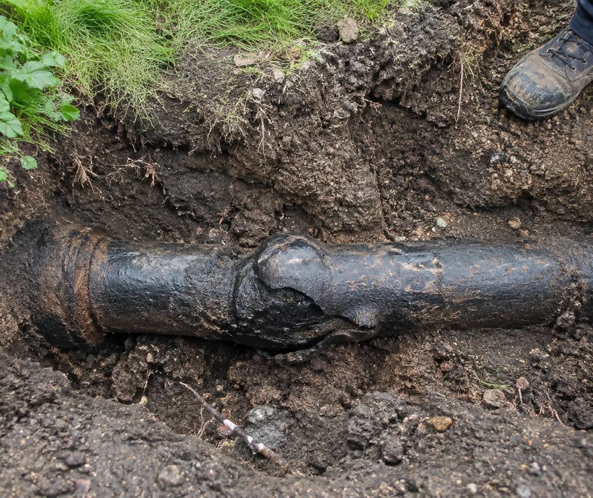 Deformed pitch fibre drain pipe exposed in the ground