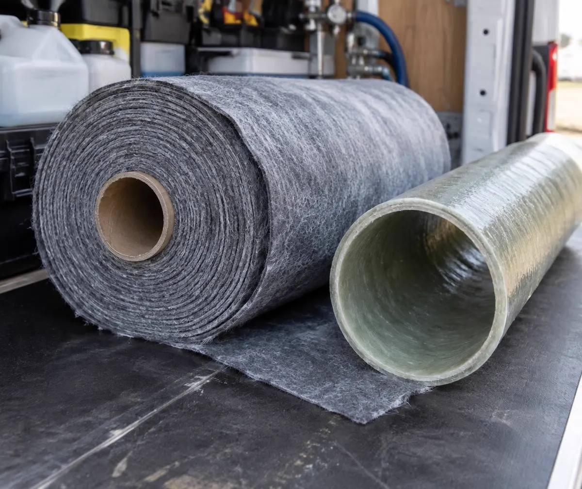 Roll of felt liner and a cured liner section in a drainage van