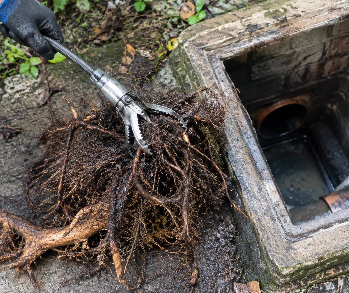 Tree roots removed from a drain beside an inspection chamber