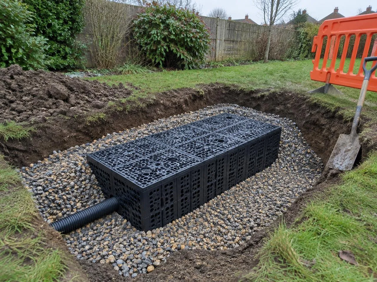 Excavated garden soakaway with crate units bedded in gravel